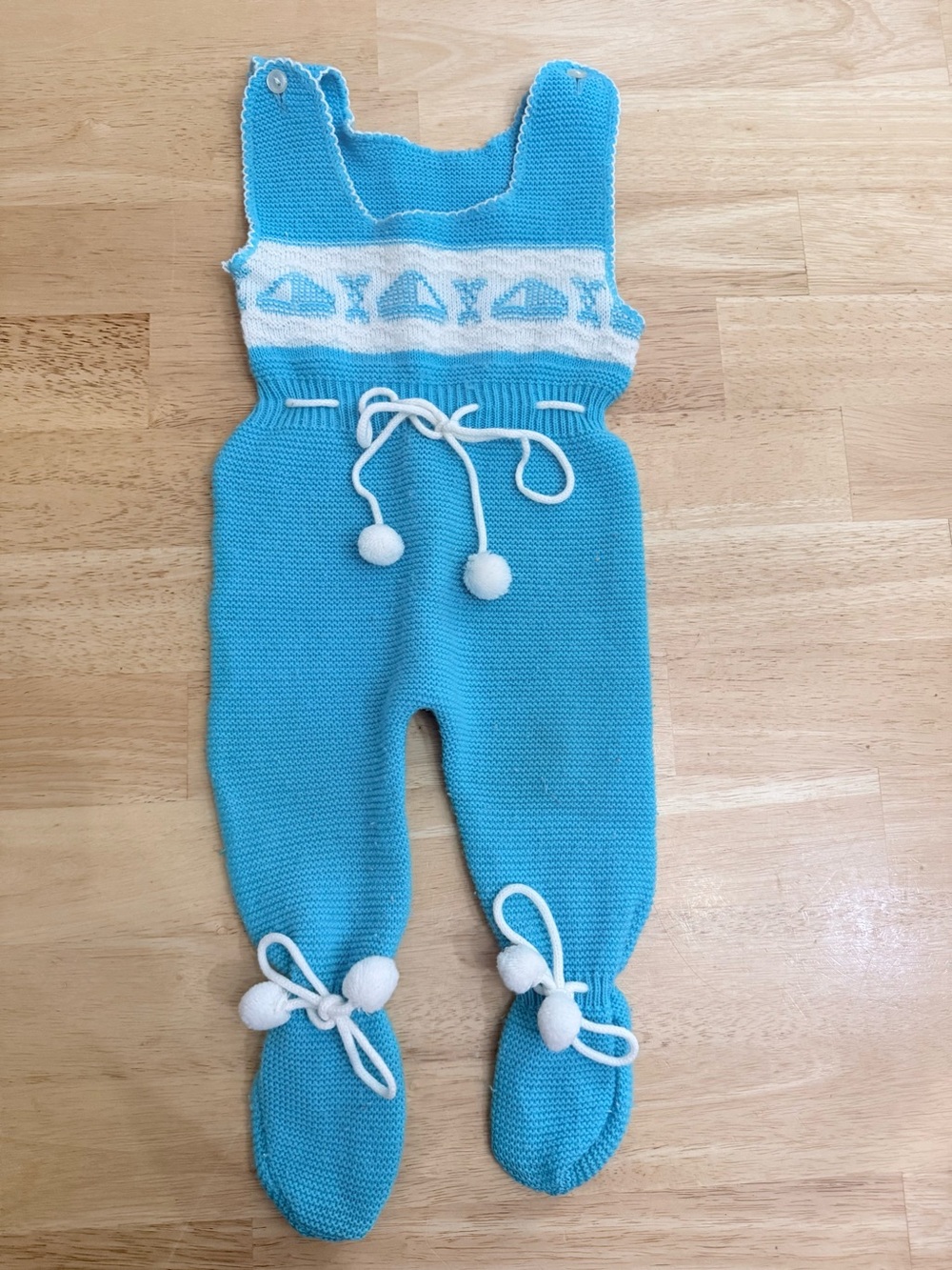 Vintage Grants Knit Footie Romper Overall Outfit Sailboat Teal White 12 Months
